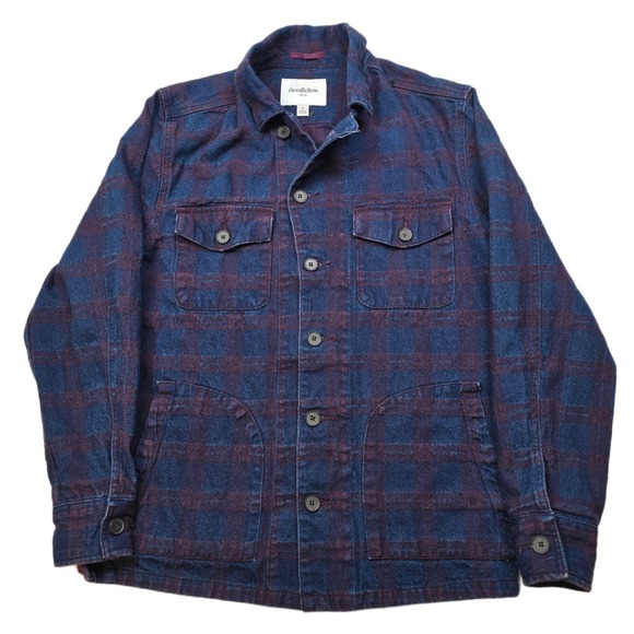 Goodfellow & Co Other - Goodfellow Plaid Denim‎ Chore Jacket Mens Small Blue Burgundy Trucker Style